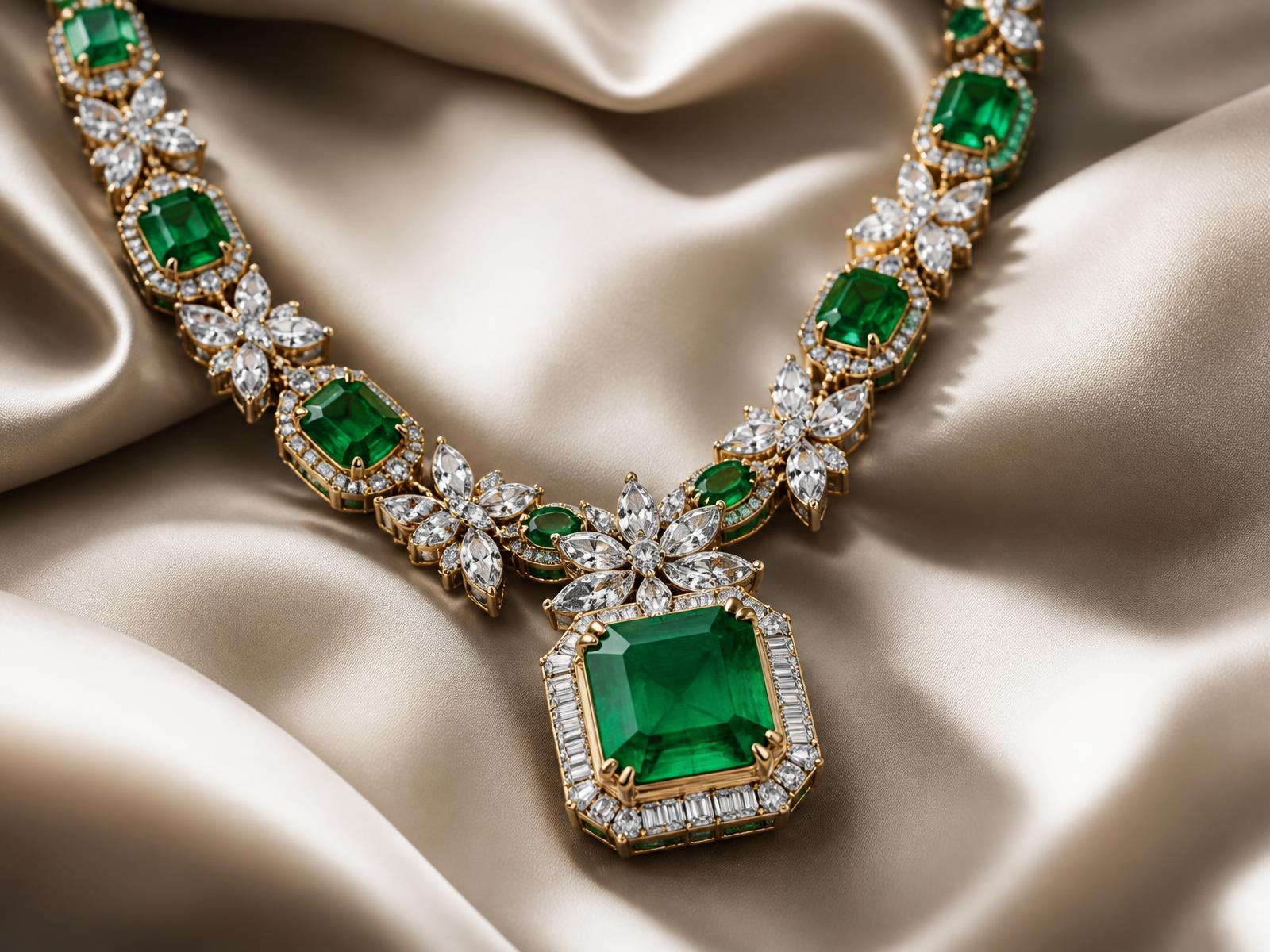 Emerald and diamond necklace photographed for a jewelry marketing campaign