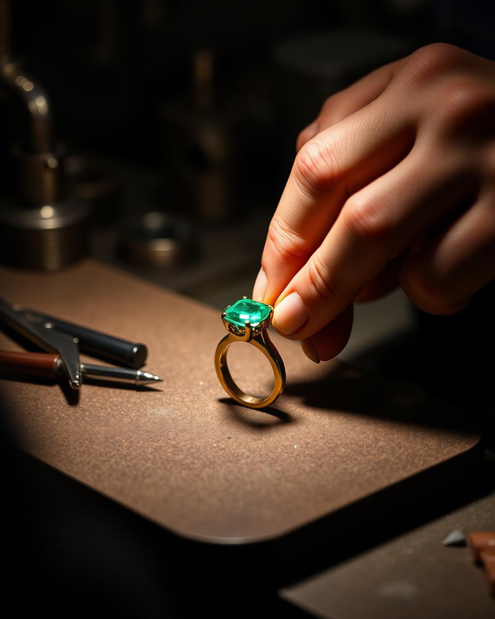 Bespoke jewelry craftsmanship: setting an emerald into a gold ring