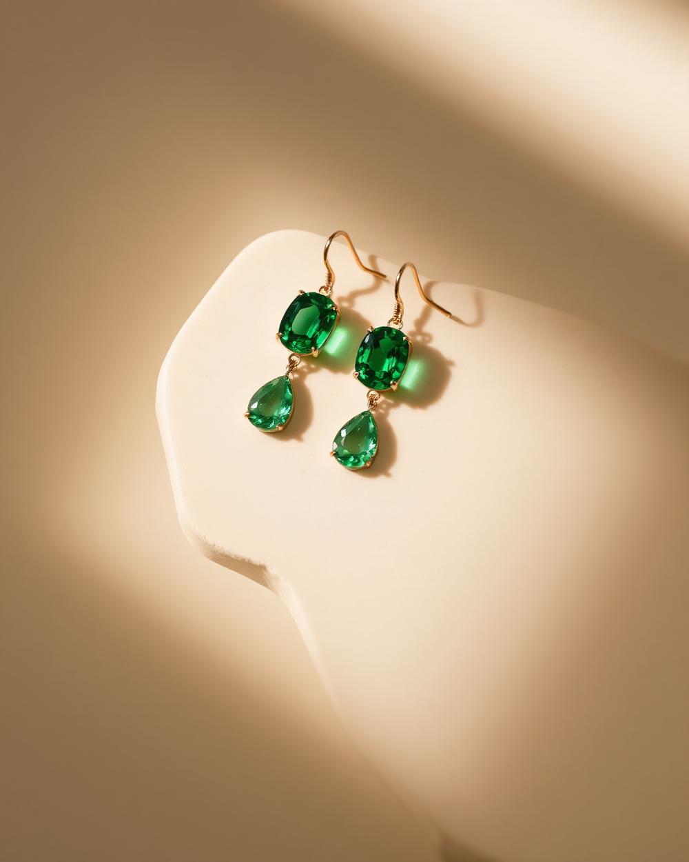 Emerald drop earrings styled for a jewelry campaign