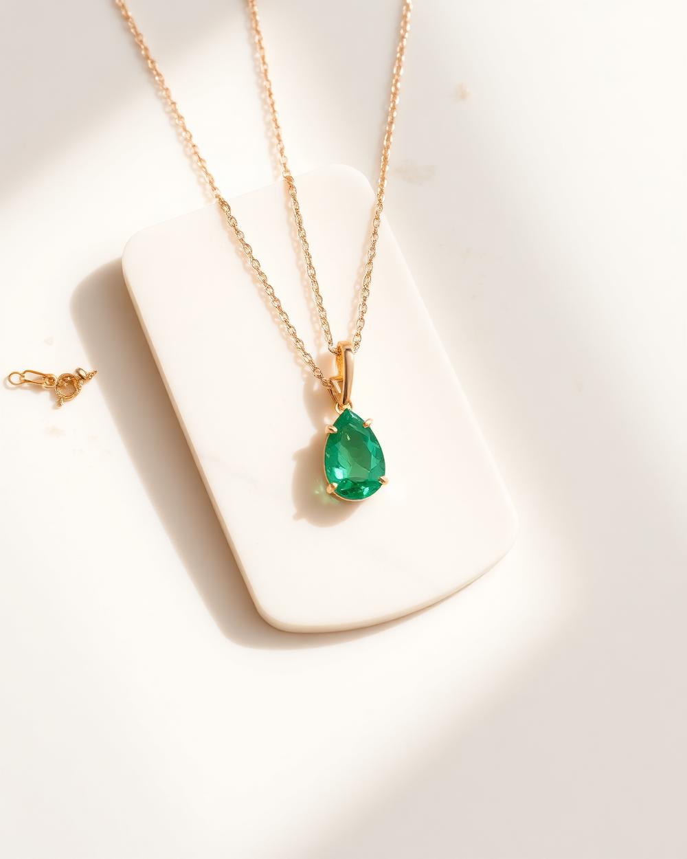 Emerald pendant necklace by Emerald Whisper Jewellery photographed on marble